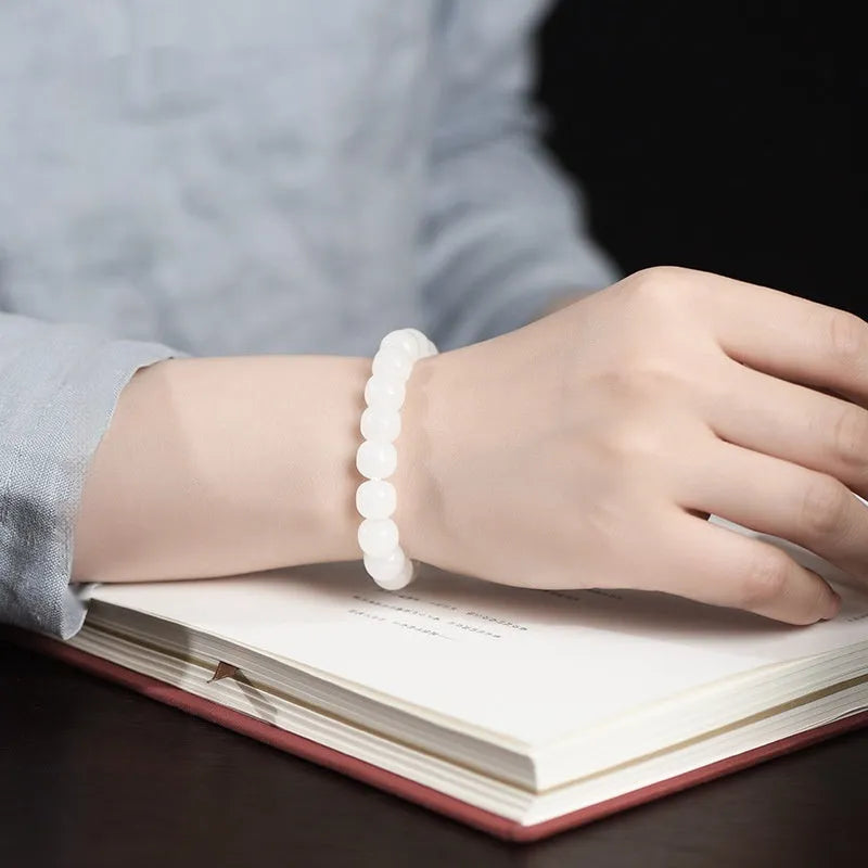 White jade barrel bead bracelet with traditional Hetian jade beads in three size options