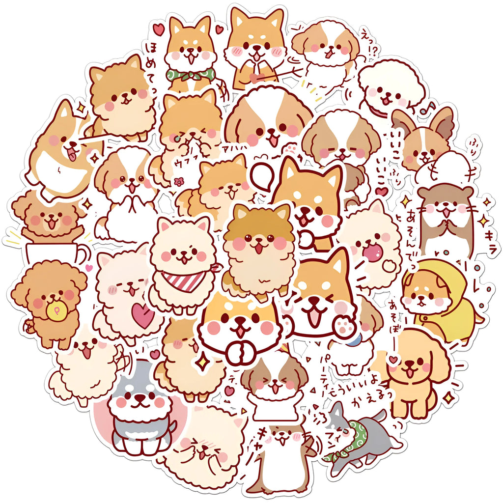 Pack of 50 cute dog graffiti stickers with paper and PVC adhesive, colour L50-82, on a white background