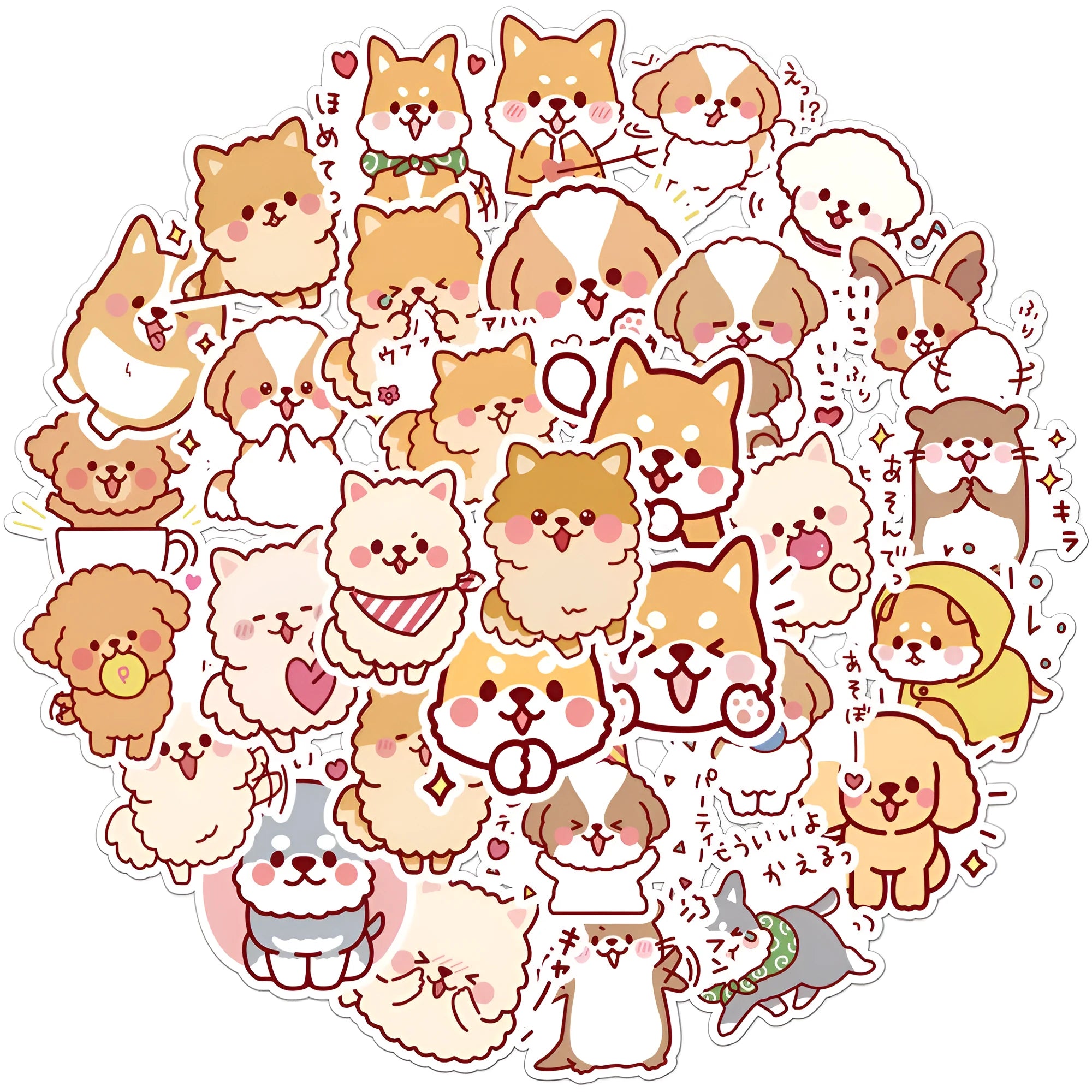 Pack of 50 cute dog graffiti stickers with paper and PVC adhesive, colour L50-82, on a white background
