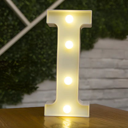 White plastic LED alphabet marquee sign with warm white illumination, 22cm height with battery operation