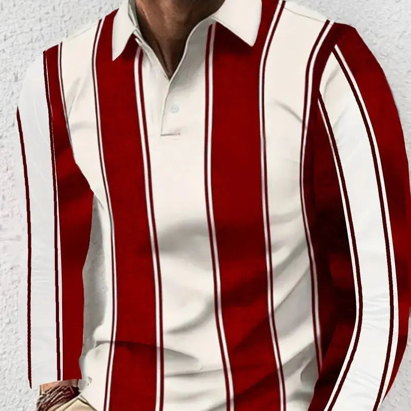 Men's loose retro button long sleeve pullover top on a hanger.