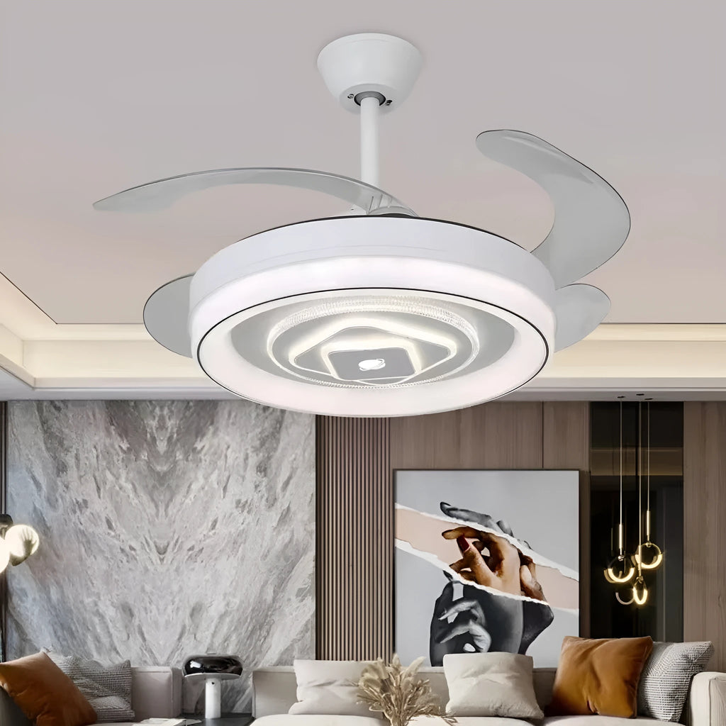 Nordic style ceiling fan light with invisible blades in a modern room setting
