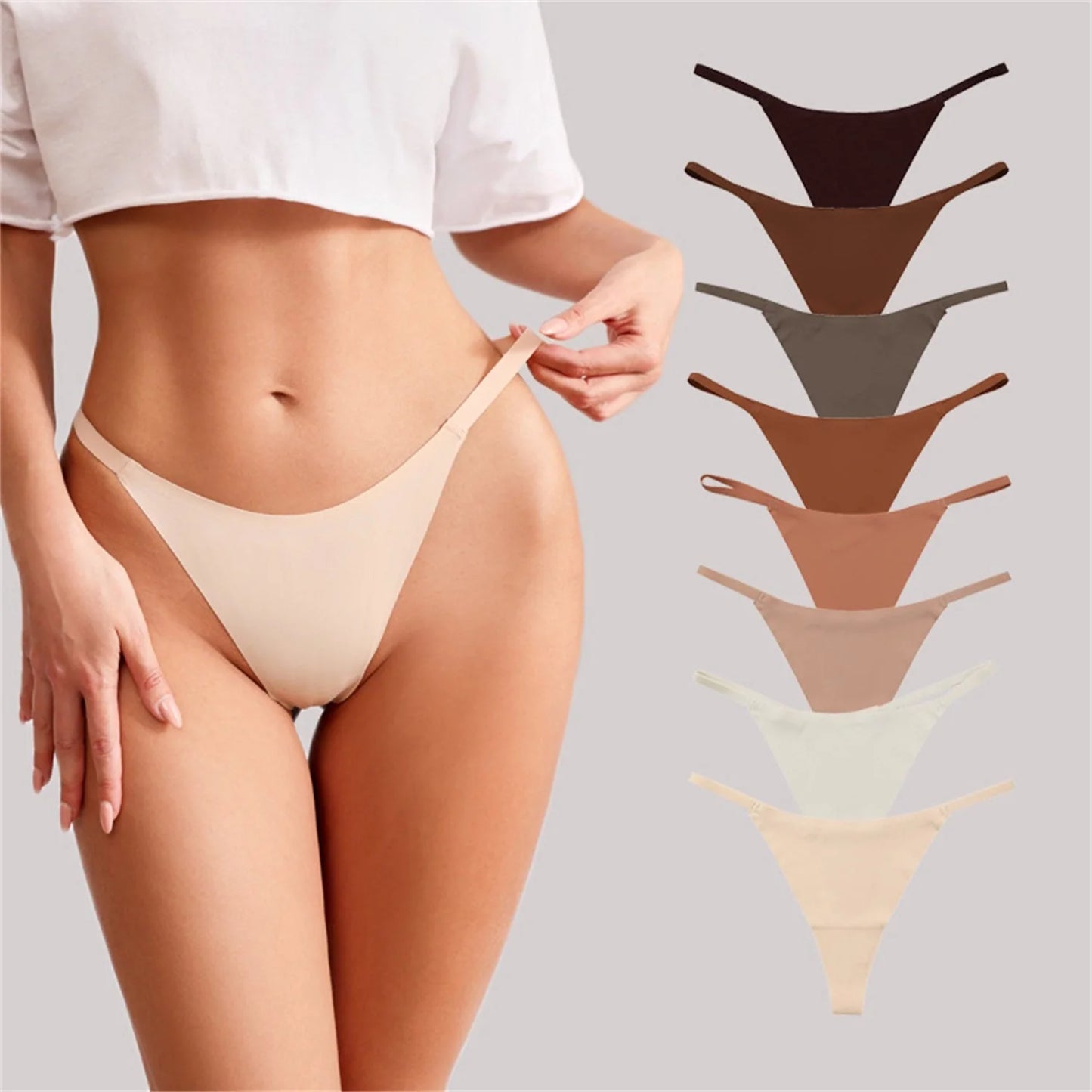 Low waist ice silk seamless T-back underwear set for women in 8 colours