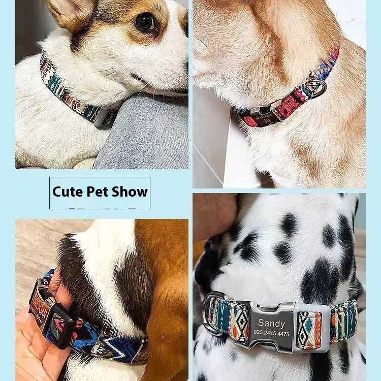 Canvas dog collar with semi-metal buckle in bohemian blue pattern for medium and large dogs