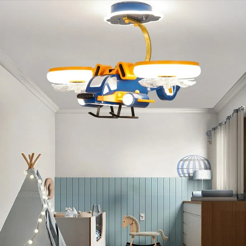 Yellow and blue ceiling fan light with metal blades and acrylic lampshade for bedroom installation