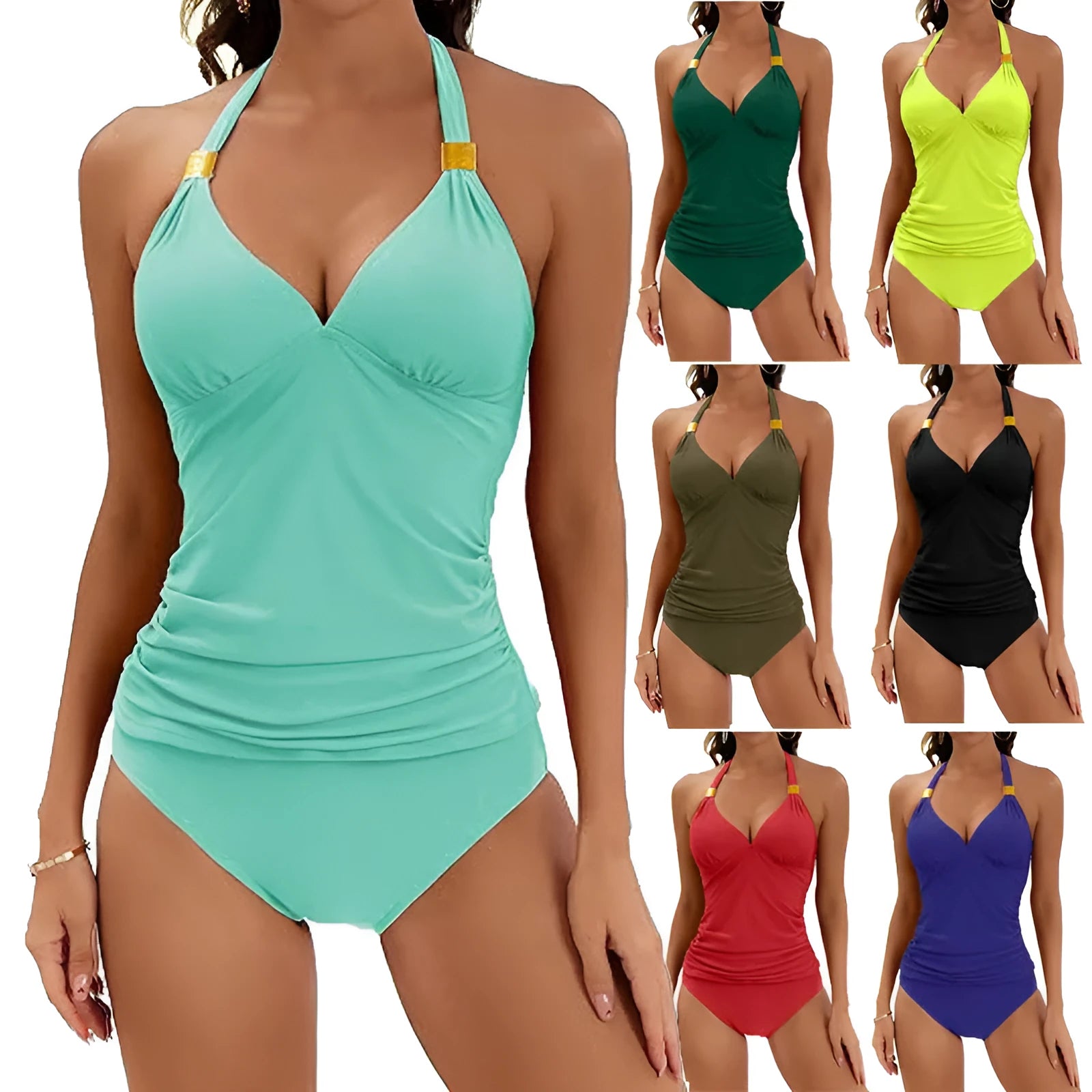 Women's solid colour halter neck bikini two-piece swimsuit with V-neck design