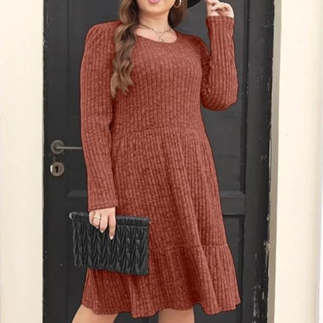 Solid colour round neck knitted dress sweater with long sleeves in various colours