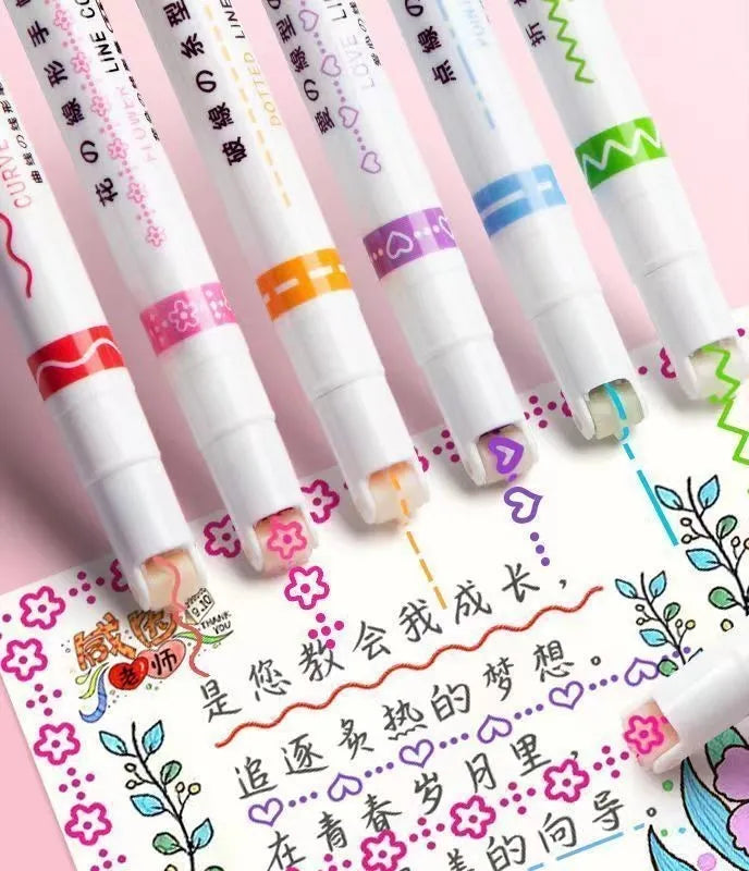 Set of 6 creative curve pens with plastic case in box packaging showing line patterns