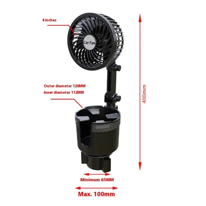 Car water cup holder fan showing 4-inch and 6-inch size options for 12V, 24V, and USB power