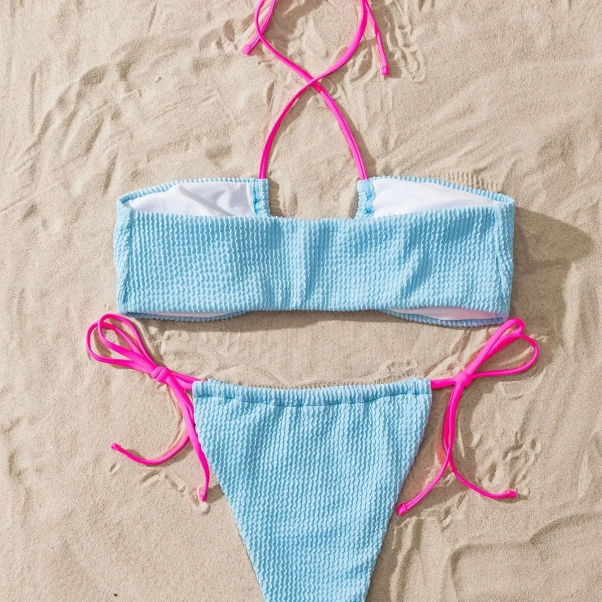 Solid colour women's halter lace-up swimsuit bikini set with backless design