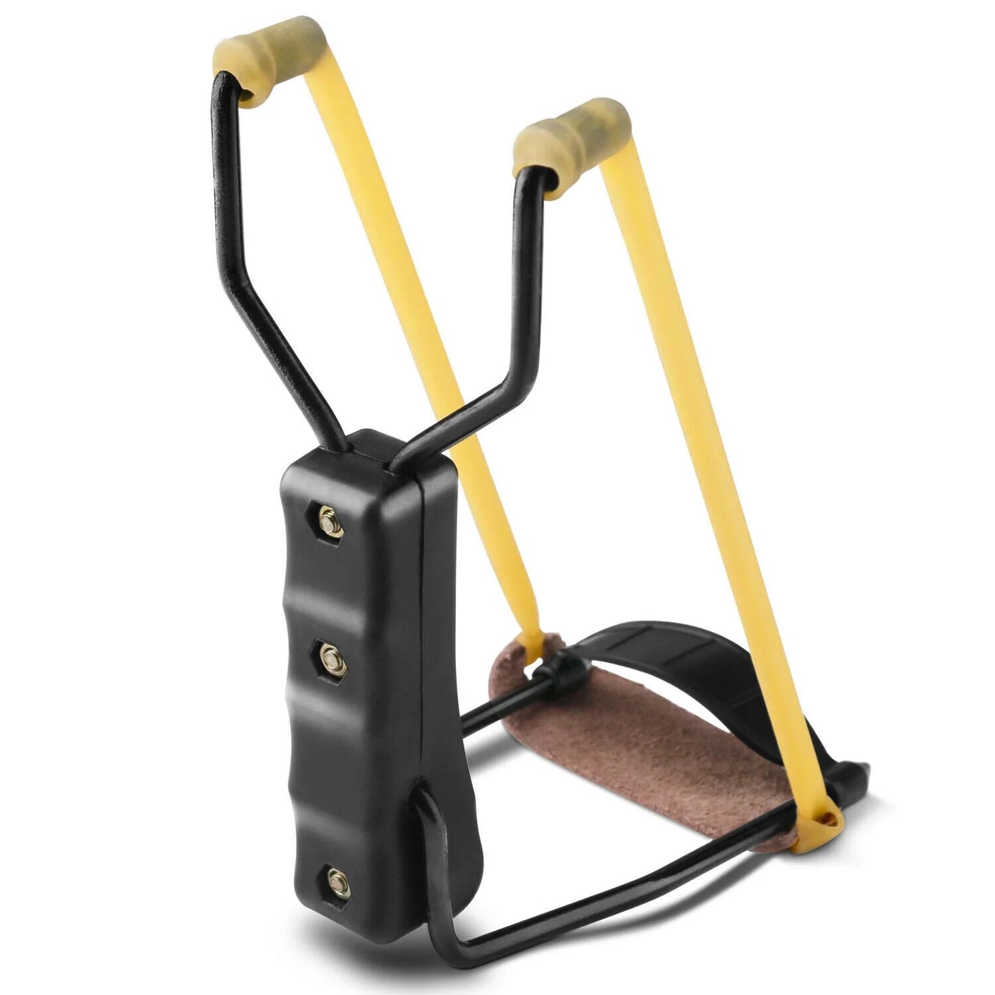 Compact folding slingshot with aluminum frame and leather pouch for outdoor sports