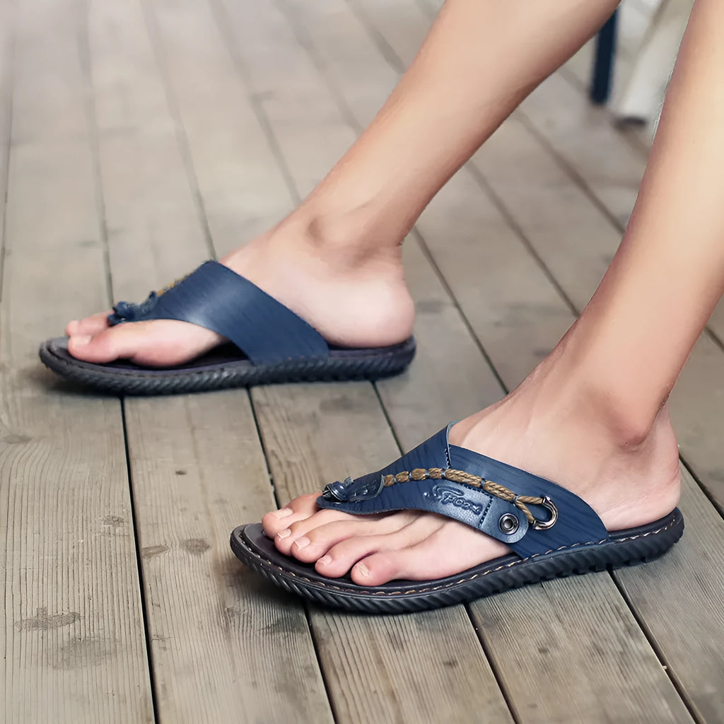 Men's non-slip slippers in PU leather, shown in black, blue, khaki, and light brown colour options.