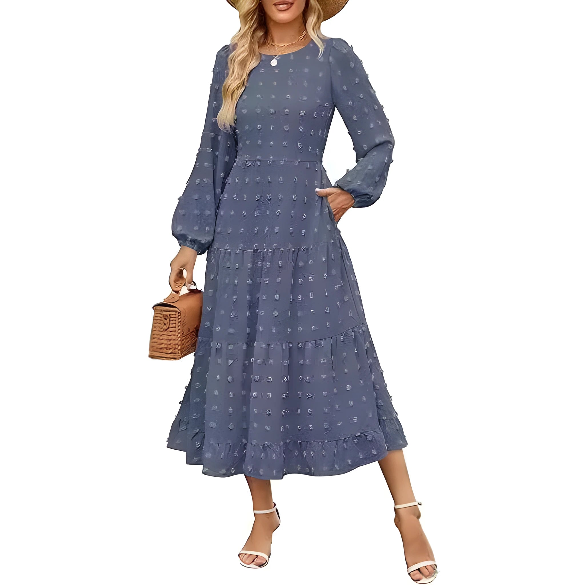 Women's long sleeve casual dress with ruffle sleeves and high waist in a solid colour