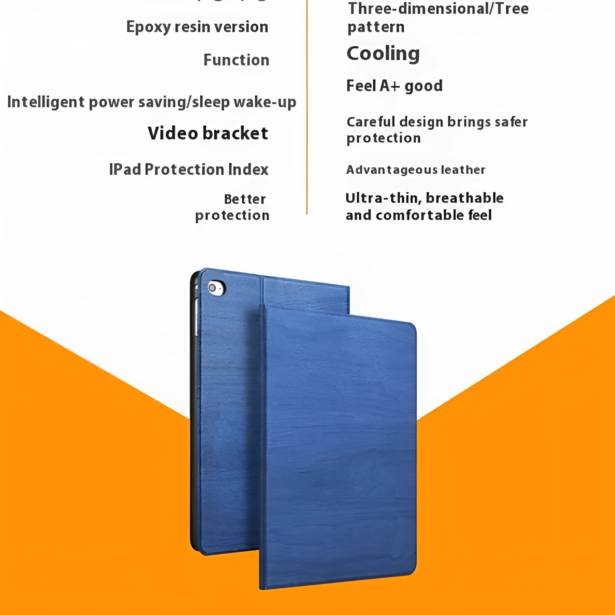 Sapphire blue imitation leather iPad cover with integrated sleep bracket for universal model fit.