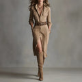 Khaki women's French waist asymmetric dress with high waist and polyester fabric, full-length view