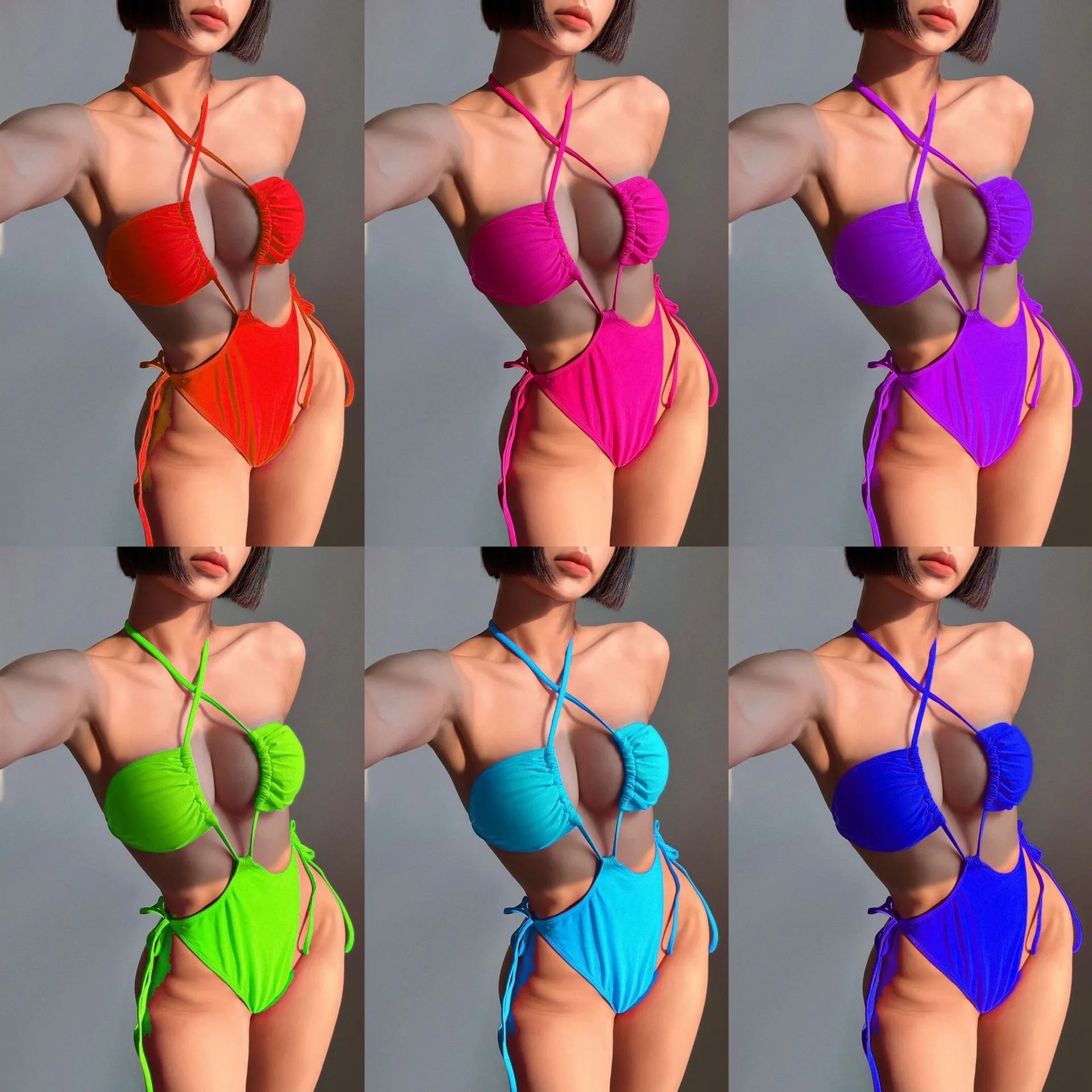 Women's black drawstring one-piece swimsuit on a hanger, showing briefs style cut.