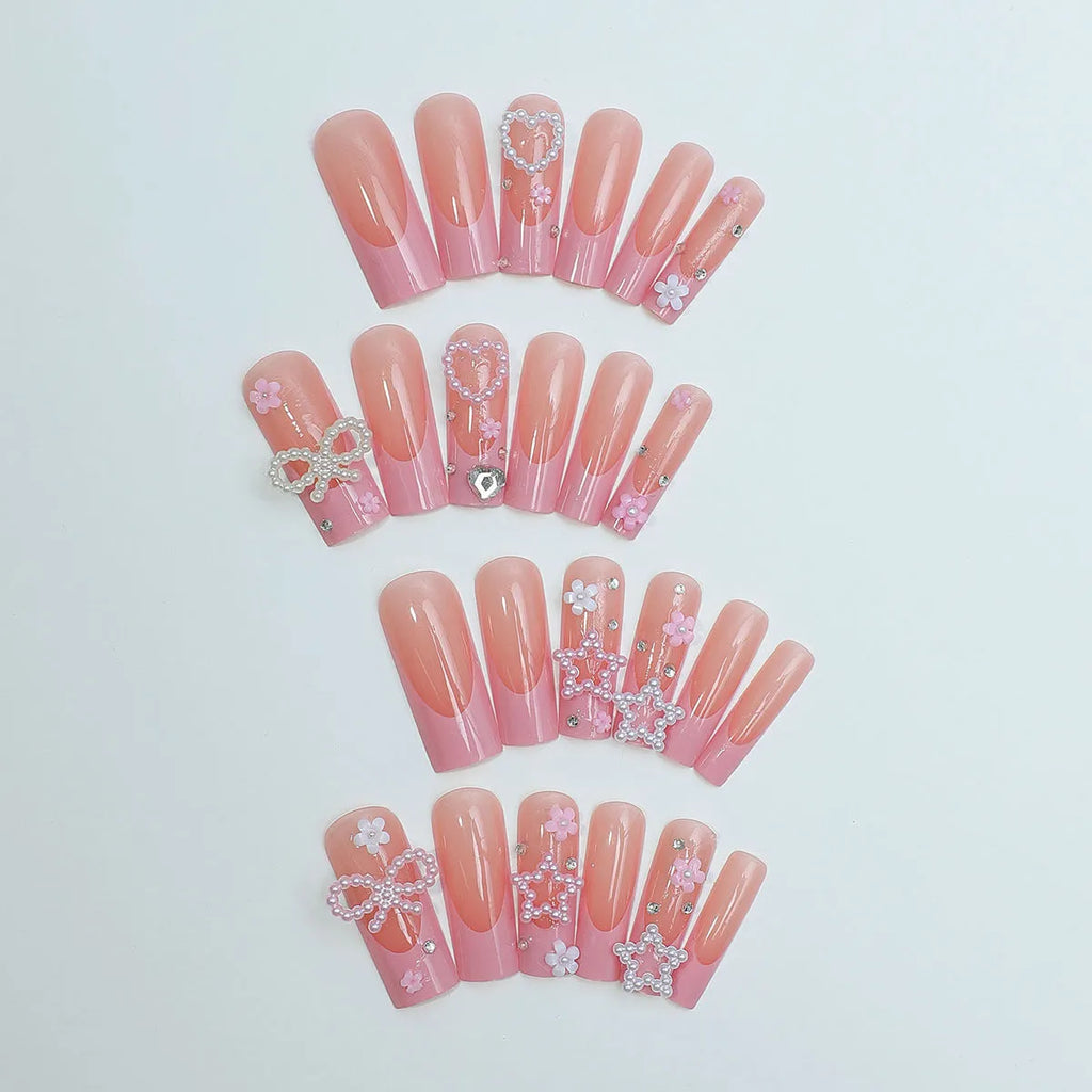 Super long water pipe French spot drill bow wear nail design in XB-70-48 colour with love pattern.