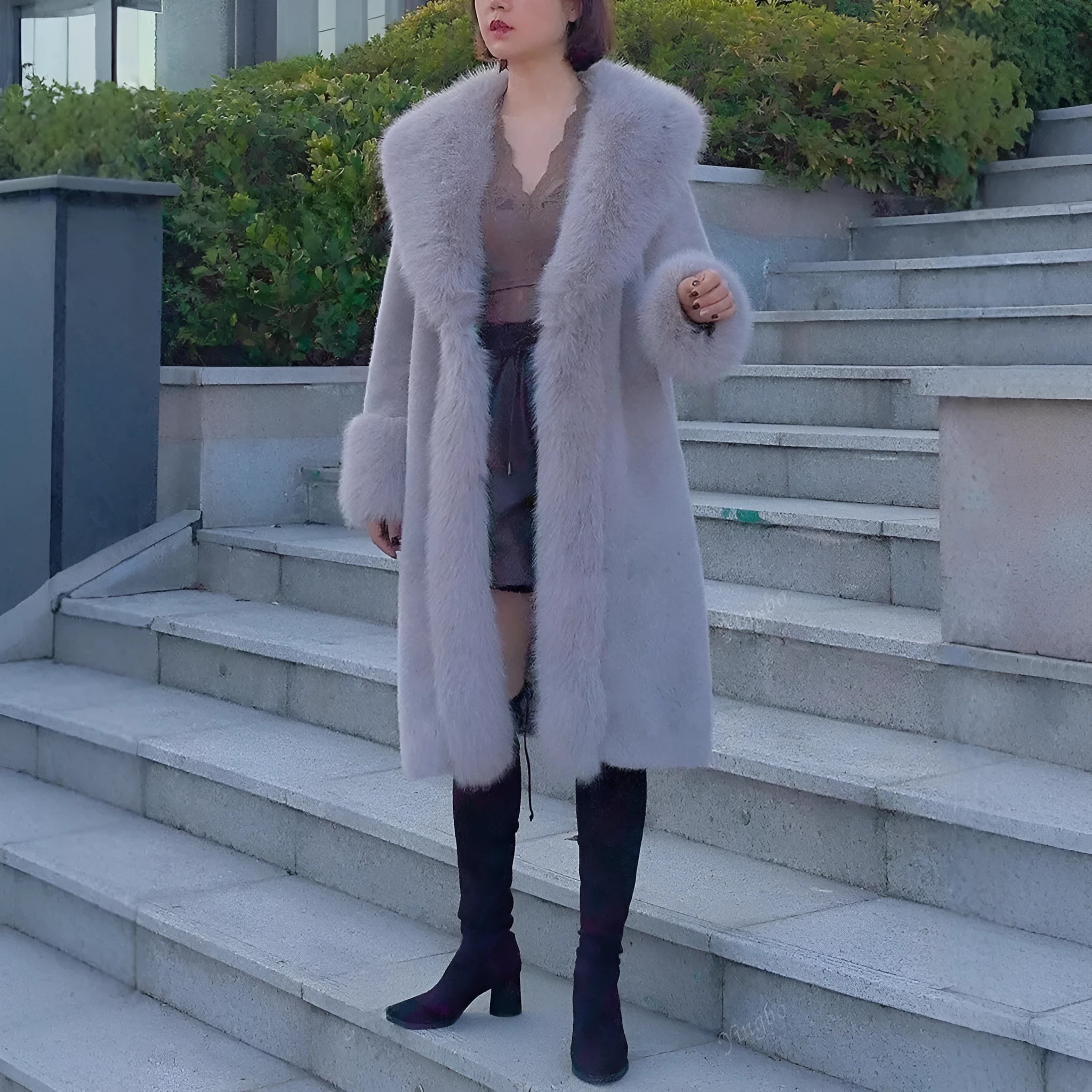 Women's grey mid-length leather coat with a thick white faux fur collar