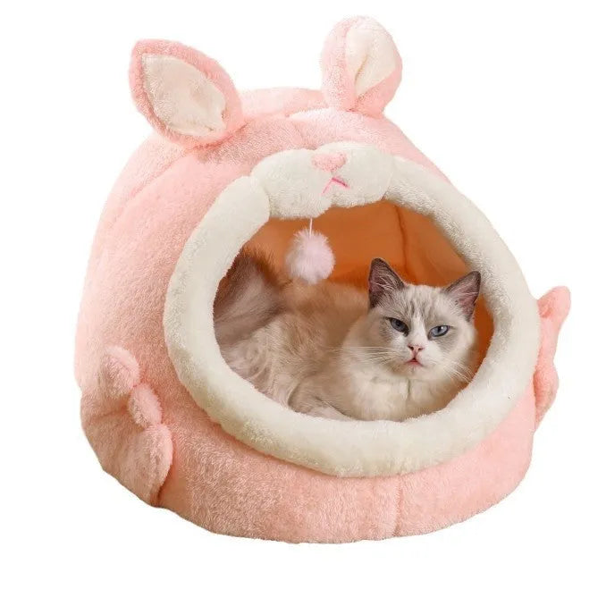 Bejirog pink screaming rabbit semi-closed cloth cat nest for autumn and winter, available in gray and pink sizes