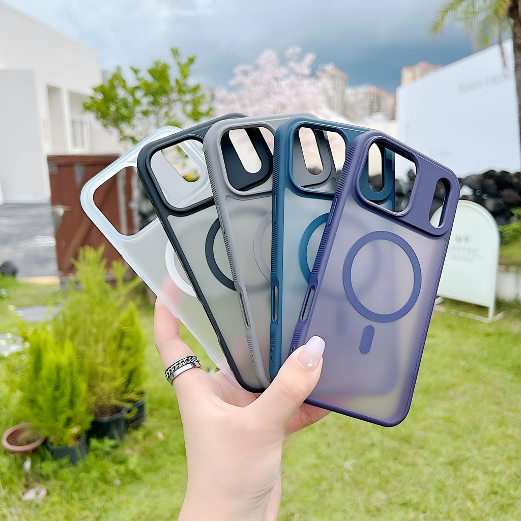 Magnetic matte protective iPhone case in frosted finish showing TPU acrylic construction