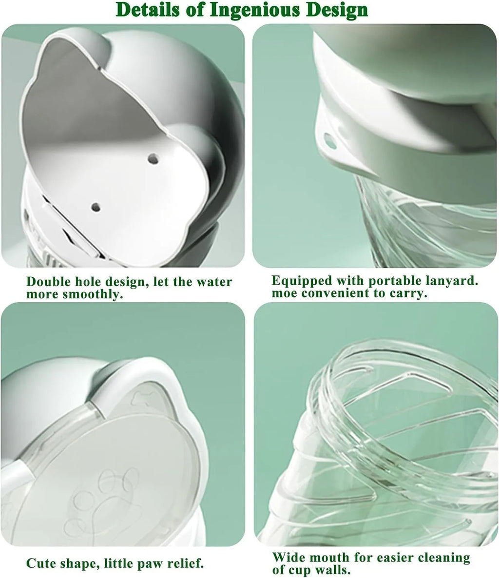 Green, pink, or white 3-in-1 portable pet water bottle with food container and garbage bag dispenser and shoulder strap.