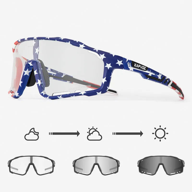 Photochromic cycling sports goggles with semi-rimless TR90 frame on a solid colour background.