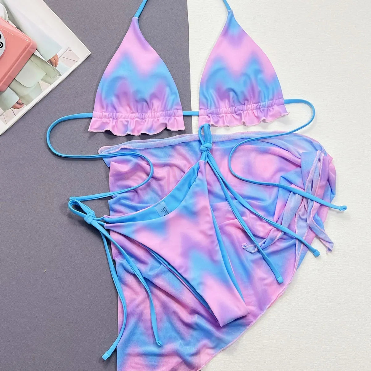 Women's split tie-dye swimsuit bikini set with skirt, bra and panties in picture colour