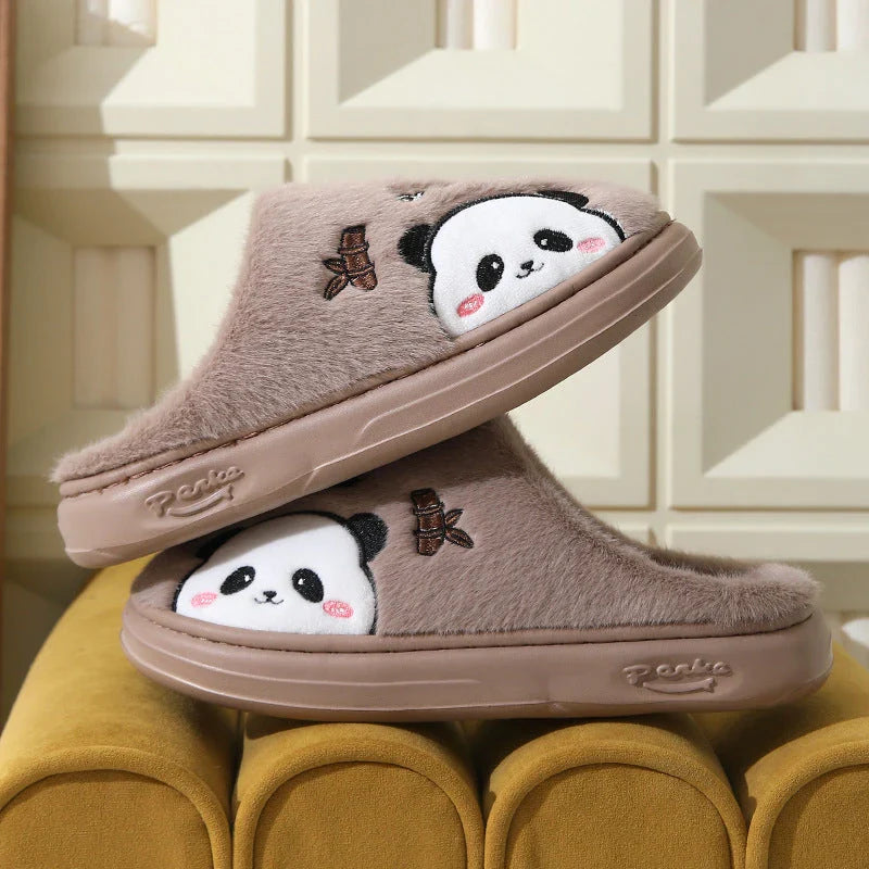 Cozy panda-themed slippers with thick, plush soles and a variety of vibrant color options