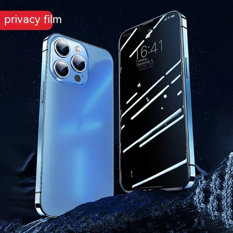Tempered glass privacy screen protector for iPhone with three finish options: transparent HD, frosted, and peep-proof.