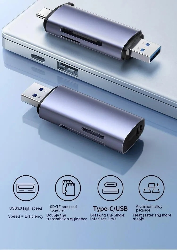 Multi-function card reader with SD TF Type-C conversion USB3.0 aluminium alloy housing for computer use
