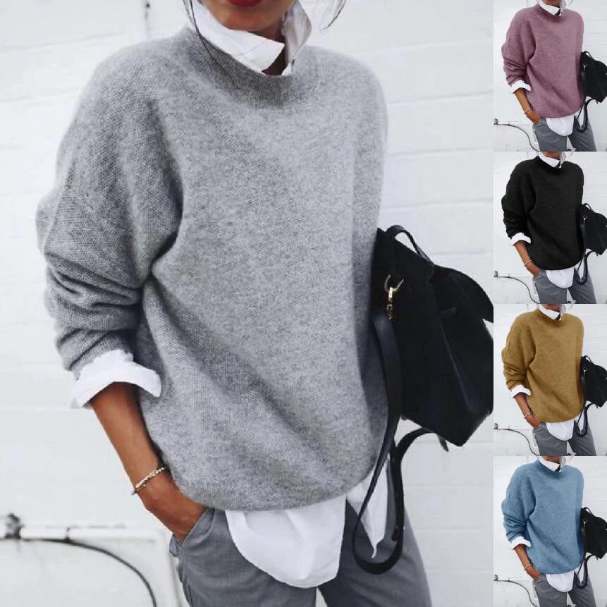 Women's long sleeve pullover sweater in solid colours for autumn and winter wear