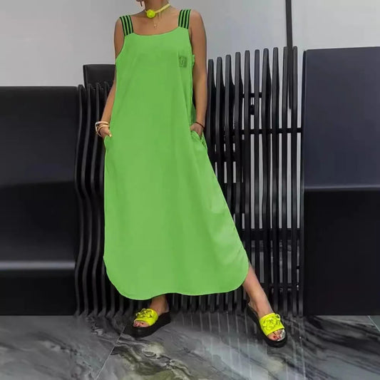 Casual cotton and linen pocket striped shoulder strap skirt in various colours