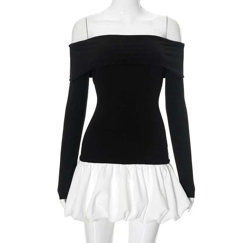 Women's off-shoulder long sleeve stitching dress in contrast colours