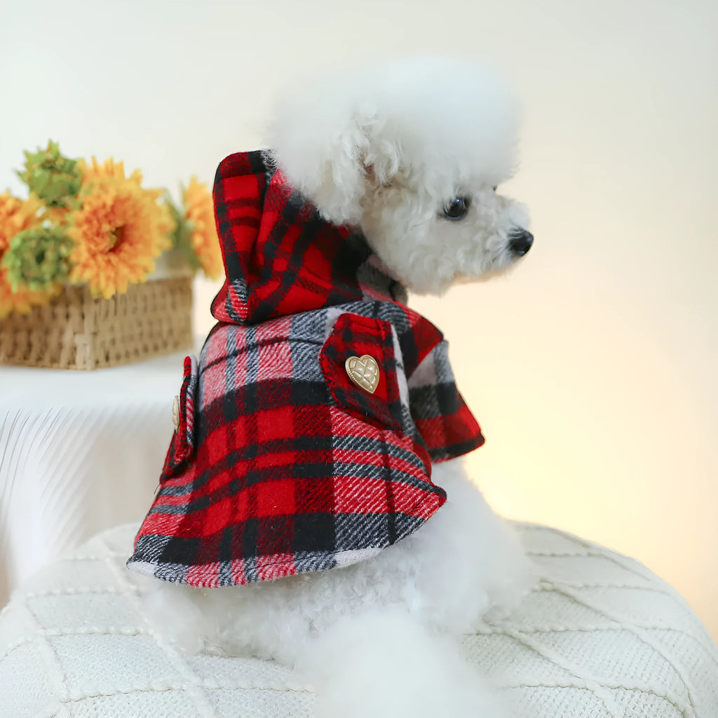 Red plaid polyester trench coat for a dog, shown in size M with 40 cm chest.