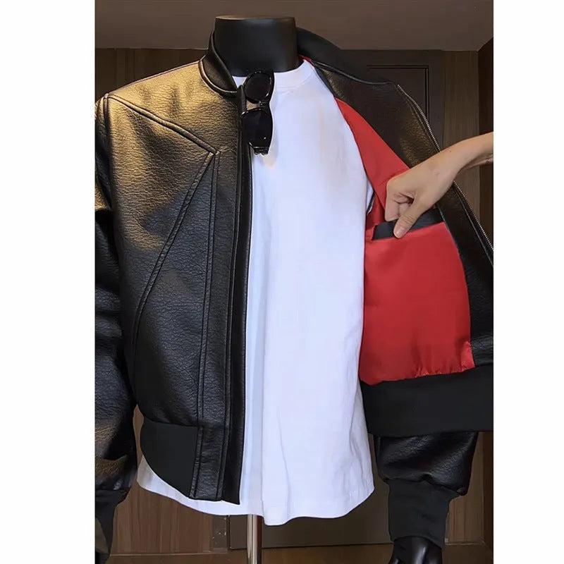 Men's black PU leather jacket with extended length and slim fit design