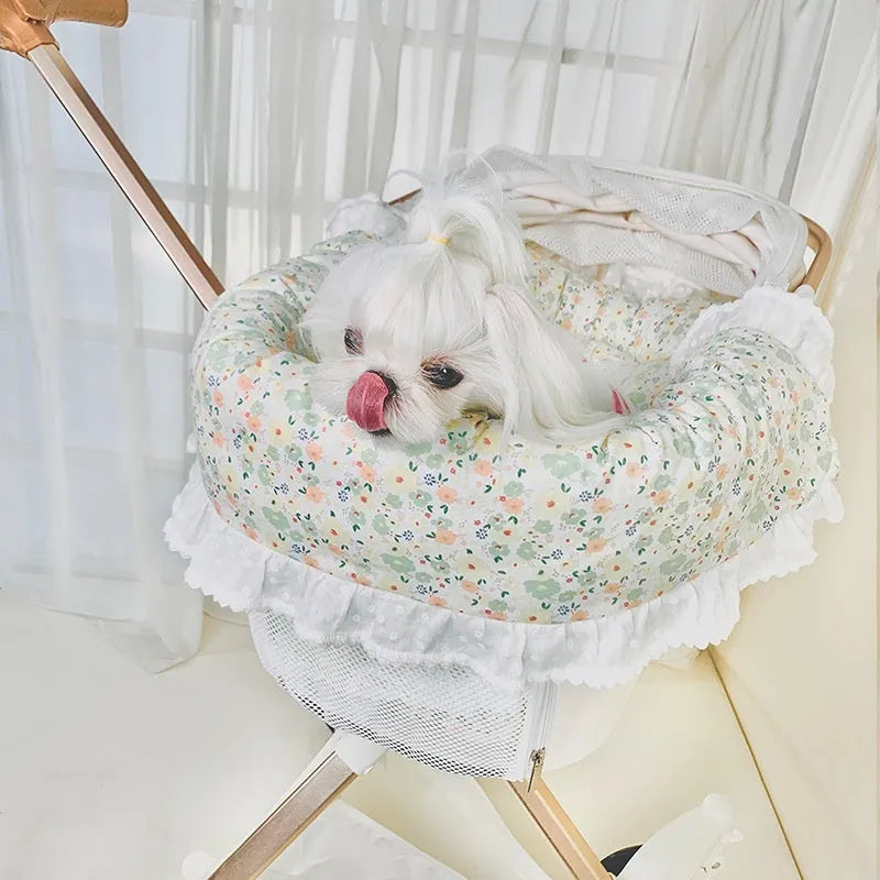Cotton pet stroller pad set showing anti-dirty towel, cushion and pillow components