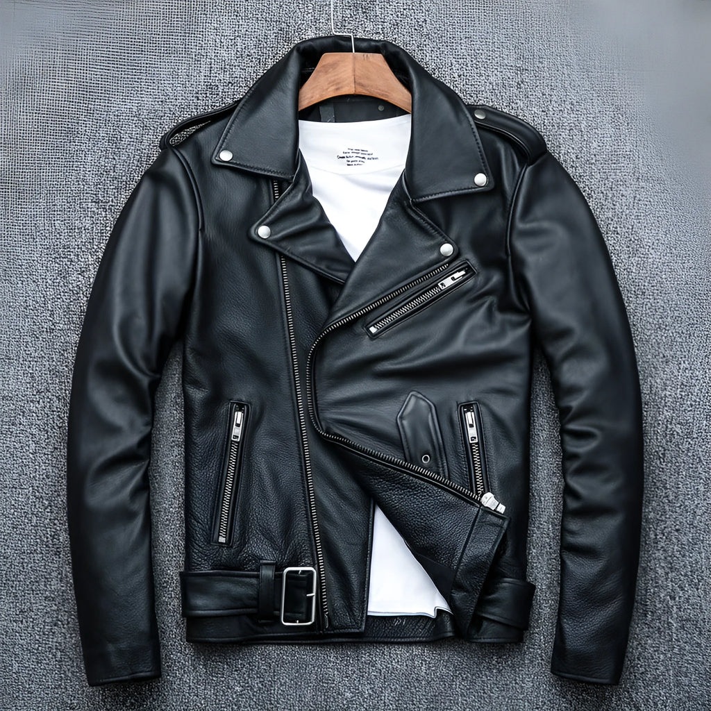 Pure cowhide biker's leather jacket in black with front zip and snap collar, full-length sleeves, polyester lining