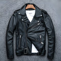 Pure cowhide biker's leather jacket in black with front zip and snap collar, full-length sleeves, polyester lining