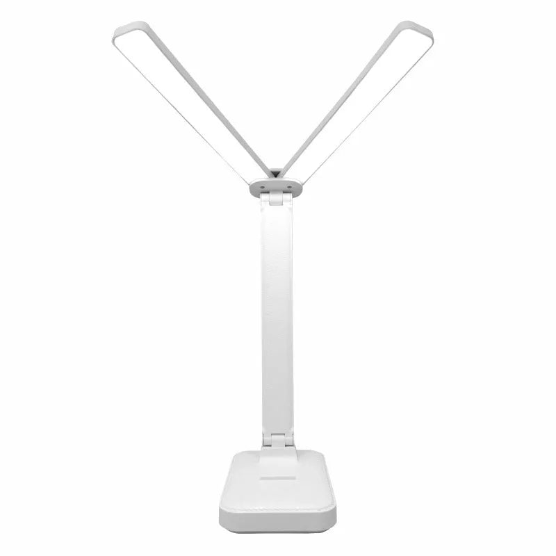 Simple dual lamp holder table lamp for children and students in white with square bottom base and charging cable