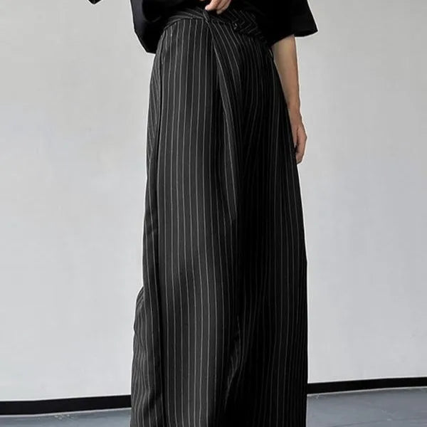 Men's black vertical striped pleated casual trousers with elastic rabbit hair bamboo blend fabric