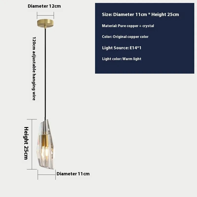 Pure copper crystal chandelier 11cm diameter 25cm height warm light E14 bulb H65 brass option on ceiling