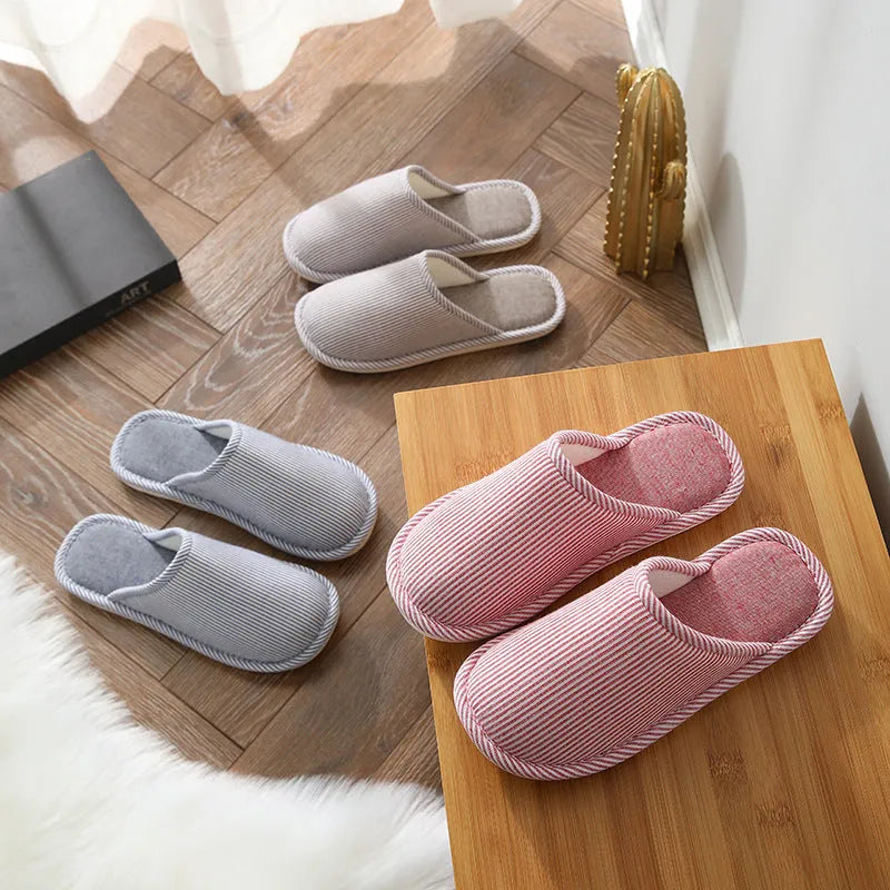 Household stripes non-slip cotton slippers with PVC sole, wine red colour, round toe, half-covered heel