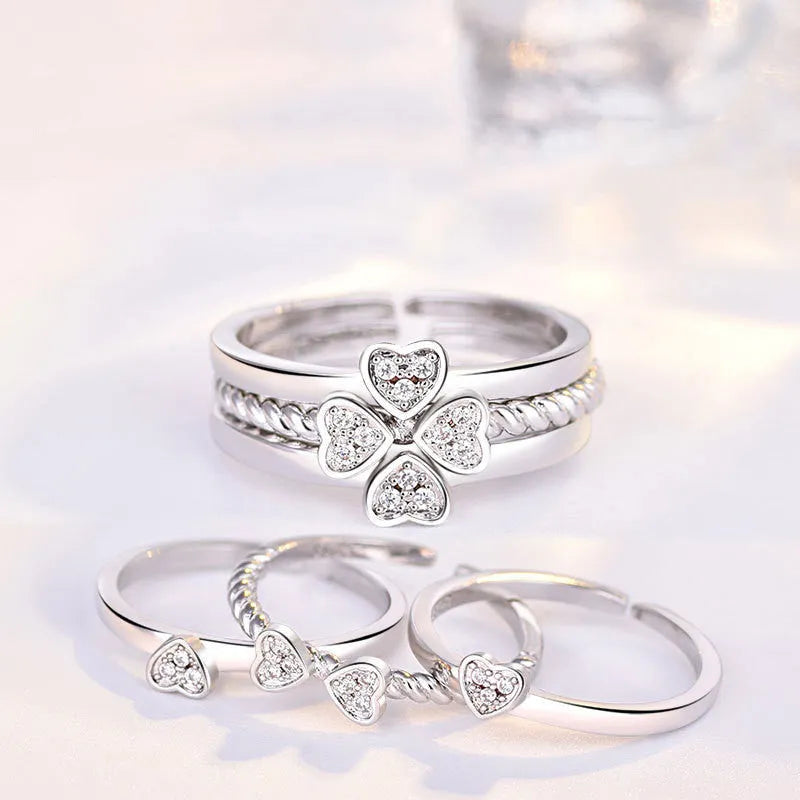 Four-leaf clover adjustable ring set for women with spinning top and zircon stones in white gold finish