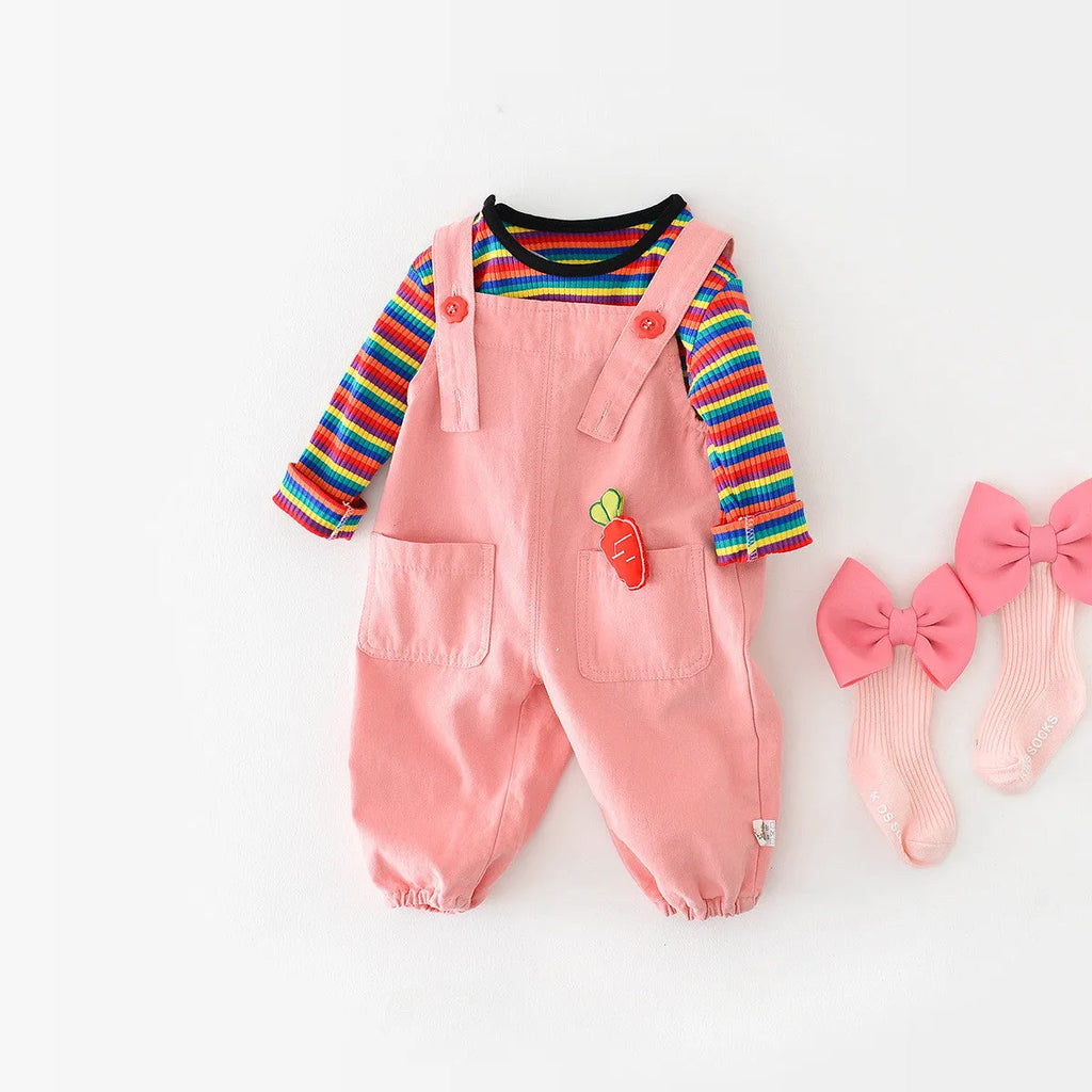 Baby cotton suspender pants pink overalls with cartoon rabbit ear design high waist