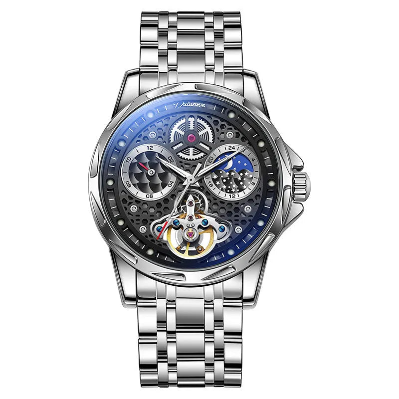 Men's black or white automatic business watch with steel bracelet or leather strap on wrist