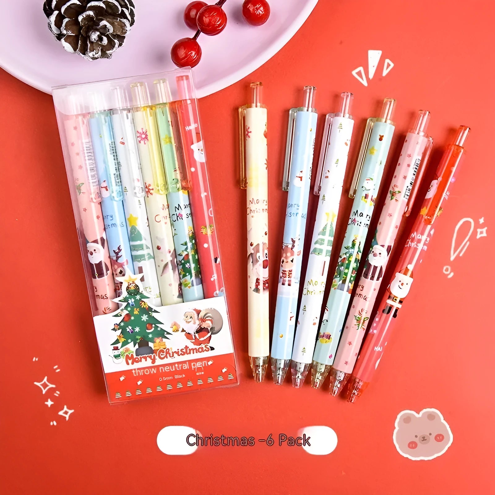 Set of six black ink cartoon design pens packaged as a Christmas reward gift.