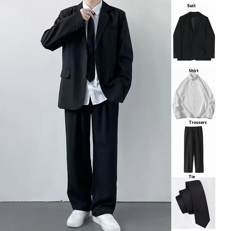 Plus size men's college style blazer and trousers suit set with white shirt and tie on hanger