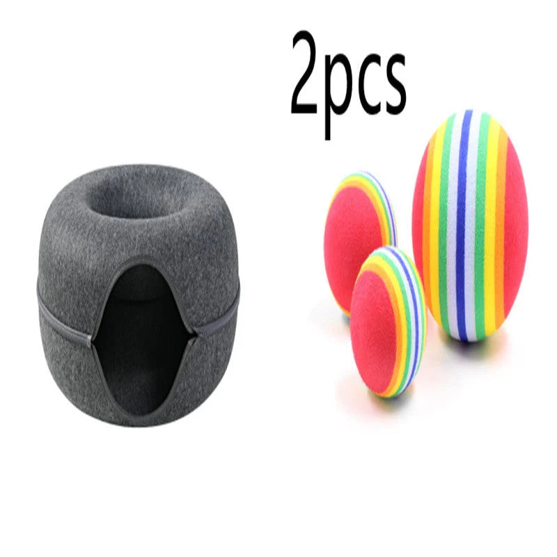 Round woolen felt cat nest with tunnel for interactive play, available in multiple colors and sizes