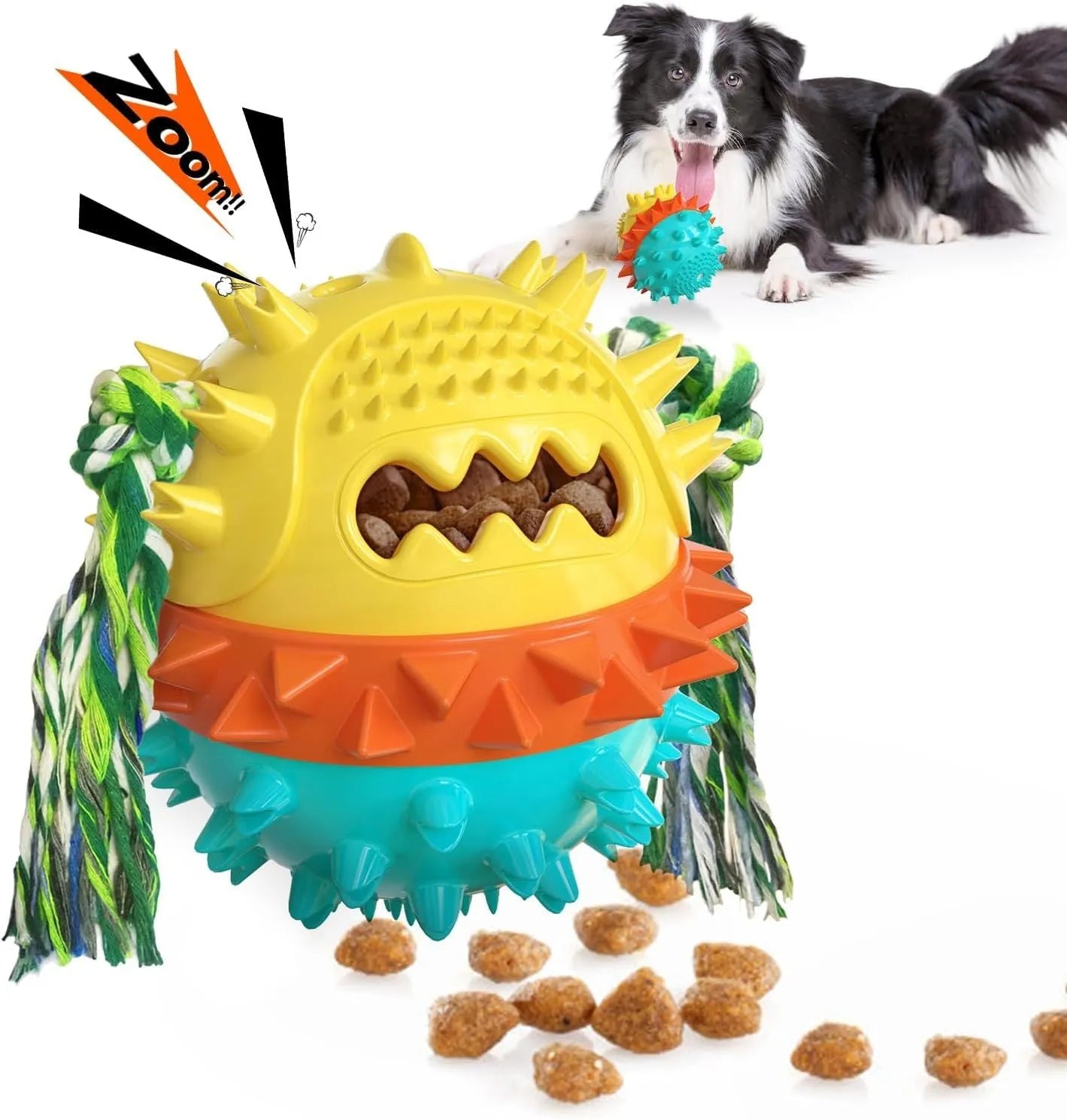 Blue and red ball-shaped dog chew toy with rope and treat hole for aggressive chewers.