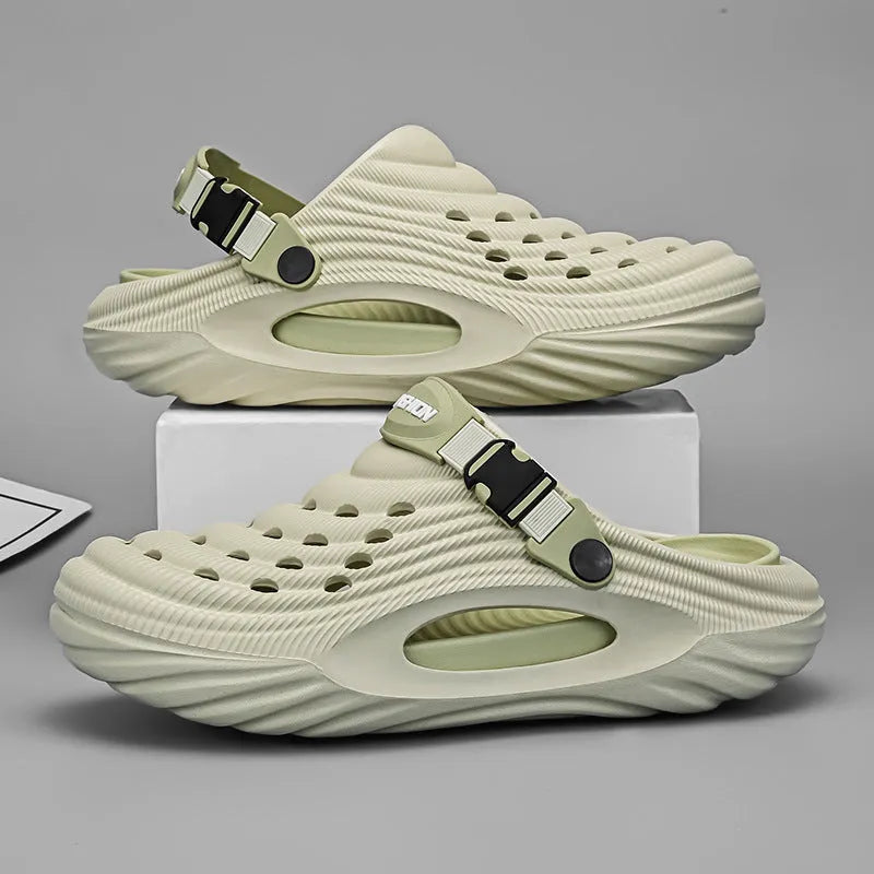 Men's white EVA platform slippers with hollow out design on a casual background